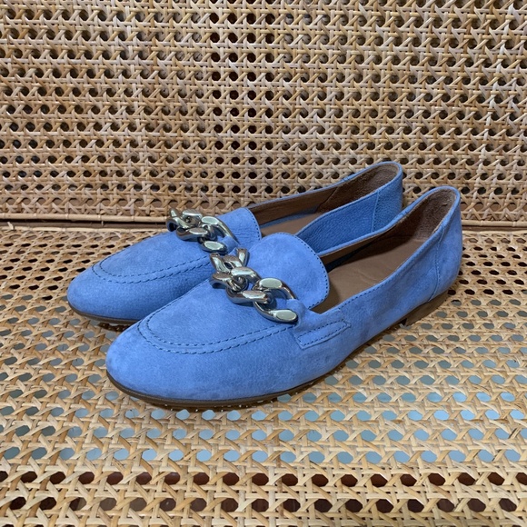 Donald J. Pliner Denim Blue Suede Chain Loafers 7.5 - Picture 1 of 6